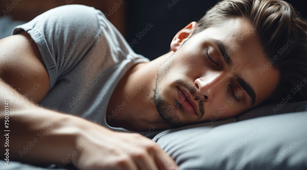 Sleeping handsome attractive model guy on bed from Generative AI Sleeping handsome attractive model guy on bed from Generative AI