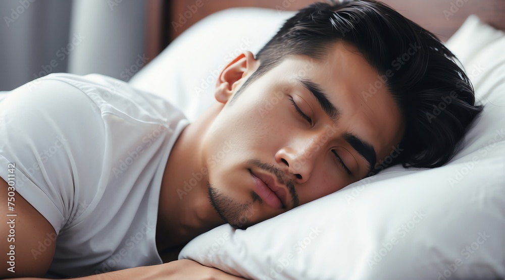 Sleeping handsome attractive model filipino guy on bed from Generative AI Sleeping handsome attractive model filipino guy on bed from Generative AI