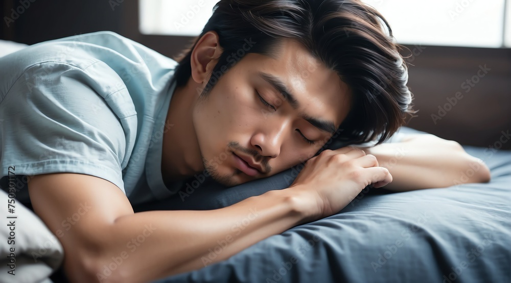 Sleeping handsome attractive model japanese guy on bed from Generative AI