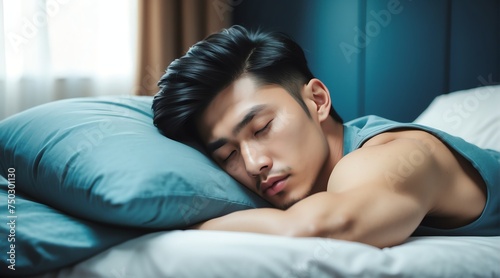 Sleeping handsome attractive model asian guy on bed from Generative AI