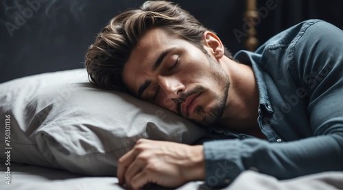 Sleeping handsome attractive model french guy on bed from Generative AI