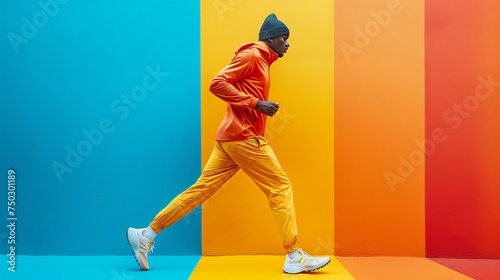 A man in orange running gear is running on a colorful wall