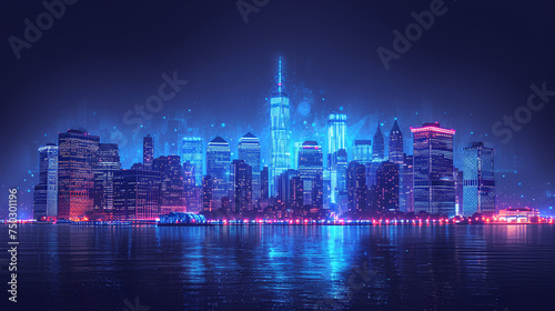 Line art - cityscape - skyline - neon lights - bright lights - water - coastal - bay - inlet - harbor - office buildings - skyscrapers - architecture  © Jeff