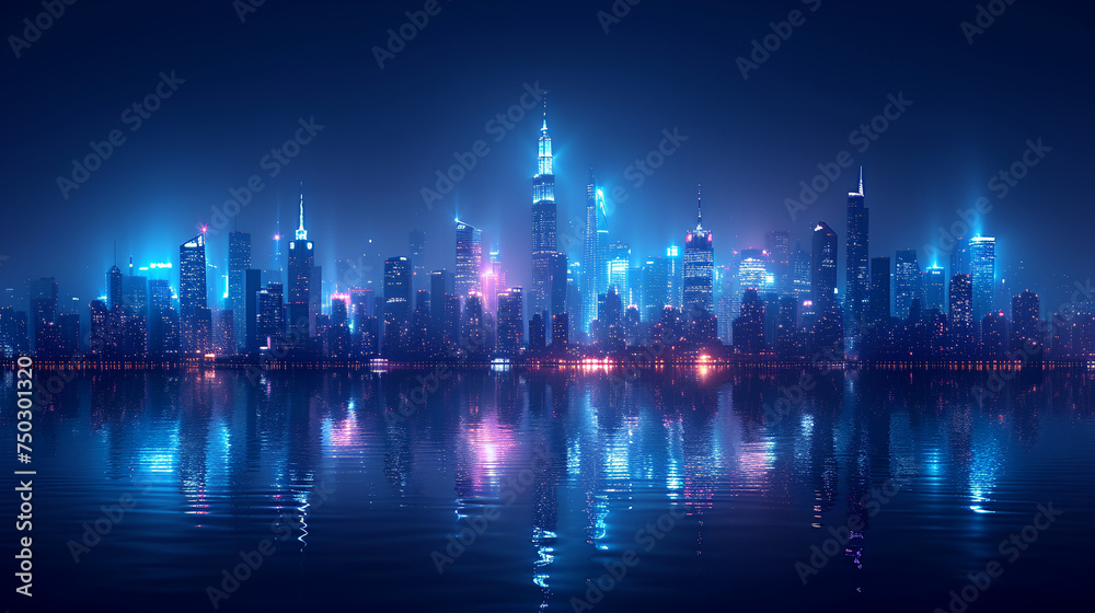 Line art - cityscape - skyline - neon lights - bright lights - water - coastal - bay - inlet - harbor - office buildings - skyscrapers - architecture 
