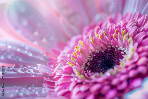 A detailed view of a pink flower covered in tiny water droplets that sparkle under the sunlight.