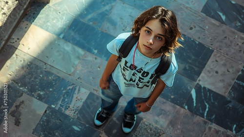 A young girl wearing a blue shirt and a backpack stands on a tiled floor