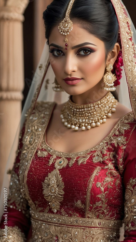 Enchanting Portrait of an Indian Bride in Red Lehenga and Opulent Jewelry, Generative AI.