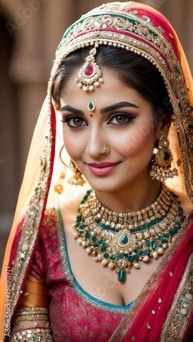 Enchanting Portrait of an Indian Bride in Red Lehenga and Opulent Jewelry, Generative AI.