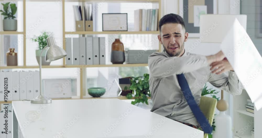 Angry businessman, laptop or frustrated at desk in loss, failure or stress at office. Man, employee or anger management with computer glitch problems in destruction, rage or violence at workplace