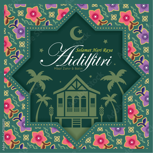 Hari Raya Aidilfitri greeting card with geometrical frame. Malay kampung house with green batik flora pattern design background. Muslim celebration flat illustration. (text: Fasting day celebration)
