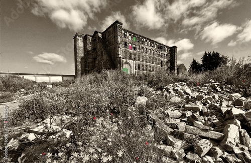 Fototapeta Naklejka Na Ścianę i Meble -  Derelict, Victorian stone built mill, with rubble and plants, in the foreground on, Barkerend Road, in the post industrial city of, Bradford, Yorkshire, UK  (Sepia Version)