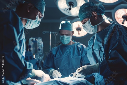 A team of doctors dressed in surgical scrubs and masks performing a surgical procedure in a hospital operating room filled with medical equipment and monitors.