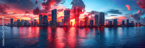 Stunning City Skyline building and clouds Background, The Skyline of Miami During Sunset 