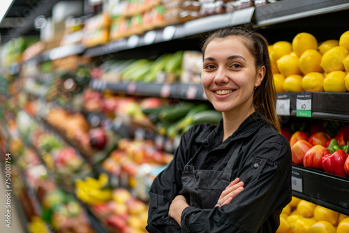 A woman is standing in a market stall with a variety of fresh fruits and vegetables on display.