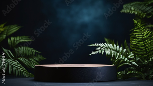 An empty base pedestal for a commercial product display, nature of leaves on a dark blue background. © DYNECREATIVE