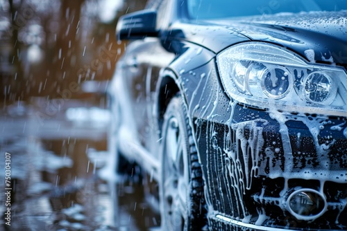 Outdoor car wash with foam soap, Washing Car Backdrop, washing with Copy Space photo