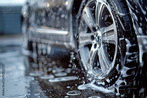 Outdoor car wash with foam soap, Washing Car Backdrop, washing with Copy Space © BOONJUNG