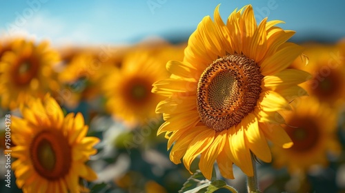 Beautiful sunflower on sunny day, Field of blooming sunflowers background