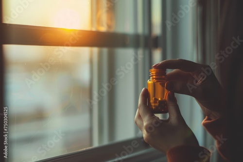 A person standing in front of a window, holding a bottle of medicine in their hand. photo