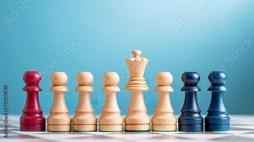 Close-up of colorful chess pawns on a blue background, each piece conveys a sense of fun, social inclusion and diversity. Pawns in the concept of equity and inclusion.