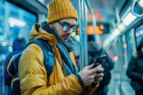 A man wearing a yellow jacket is focused on his cell phone screen, engaged in checking messages or browsing content.
