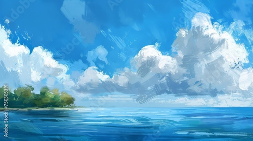A painting depicting fluffy clouds mirrored in a serene body of water, creating a striking visual contrast between the sky and the reflective surface below.