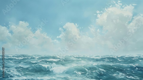 A detailed painting depicting a vast and breathtaking body of water, capturing the essence of its size and grandeur. © pham