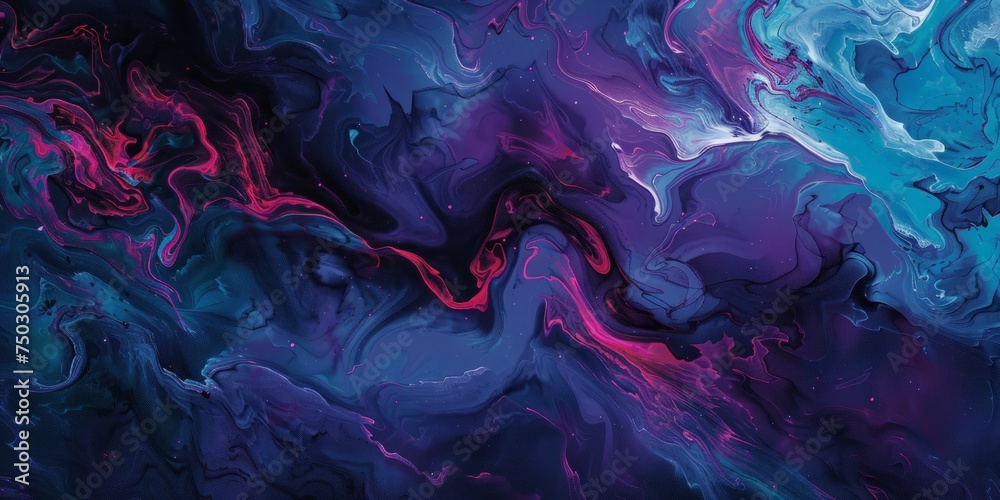 An abstract painting predominantly in blue, pink, and purple hues, showcasing bold brushstrokes and dynamic shapes blending harmoniously on the canvas.