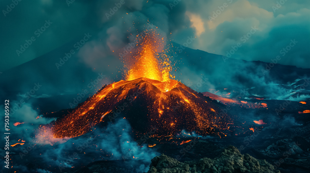 Erupting volcano with fiery lava flows.