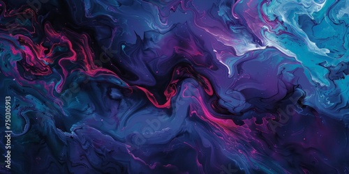An abstract painting predominantly in blue, pink, and purple hues, showcasing bold brushstrokes and dynamic shapes blending harmoniously on the canvas.