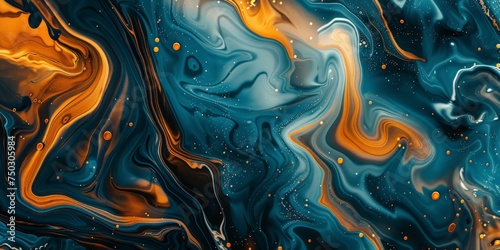 A detailed view of a swirling blue and yellow liquid painting, showcasing intricate patterns and textures in vibrant colors.