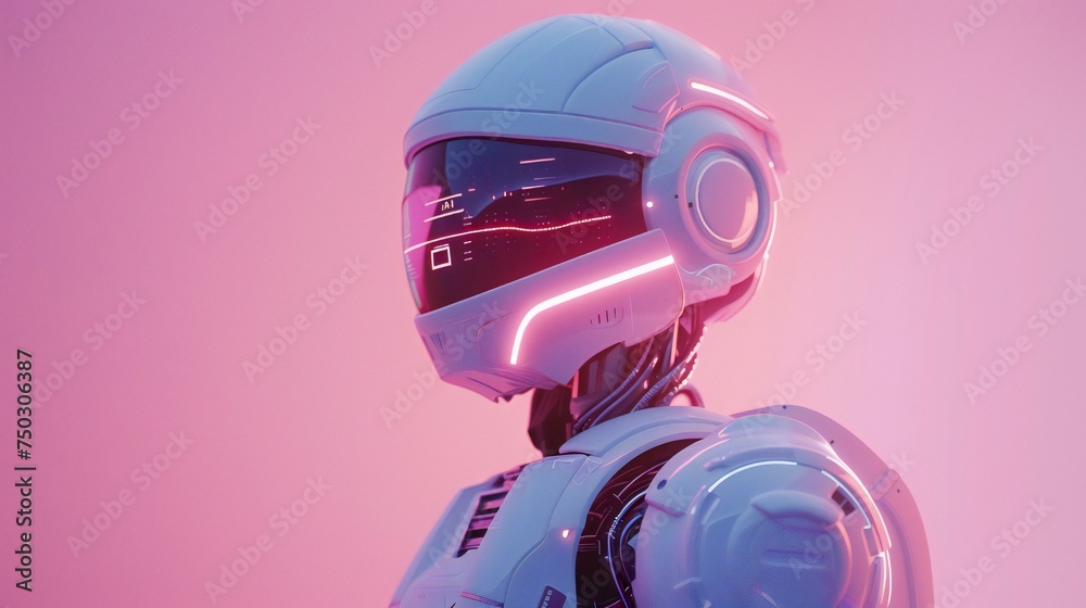 A robot with a helmet on a pink background
