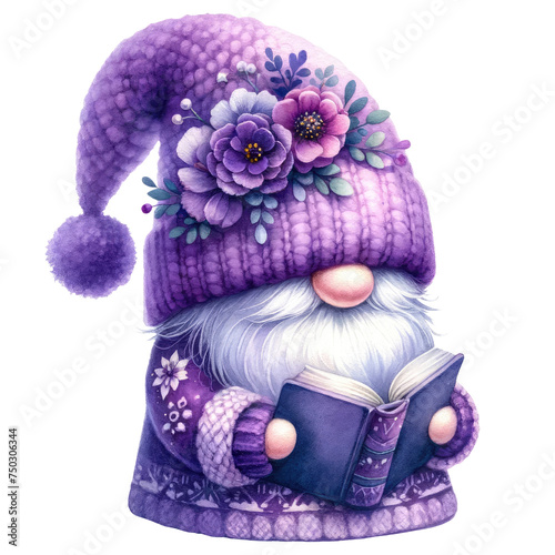 Purple Floral Gnome Illustration with Flowers.