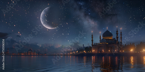 Mosque by the lake under a starlit sky with Milky Way galaxy Ramadan background design concept A mosque in the night with a full moon in the background