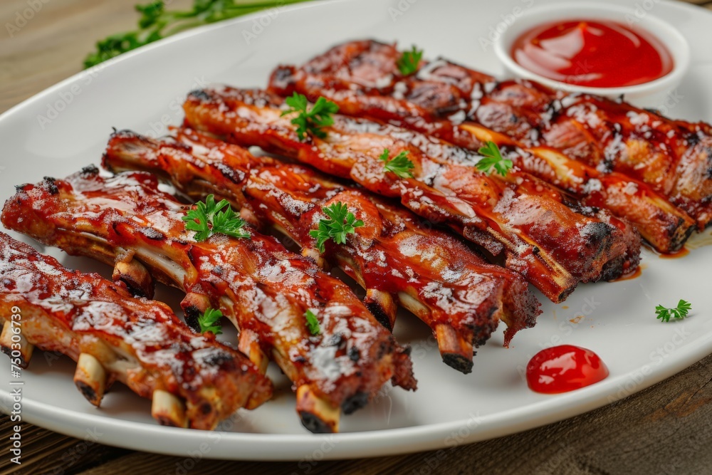A white plate filled with succulent ribs smothered in mouth-watering sauce, ready to be enjoyed.