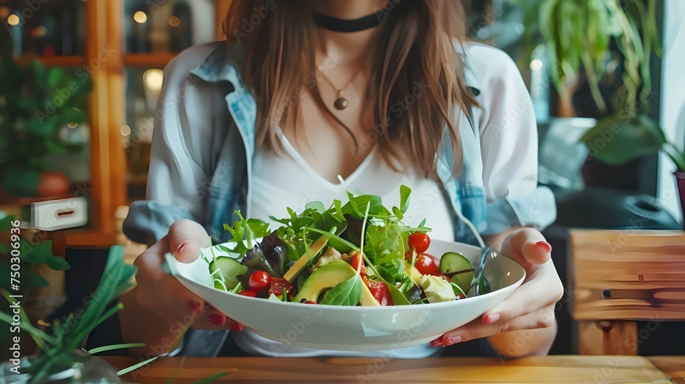 Fresh salad with vegetables held by a woman in a bowl
