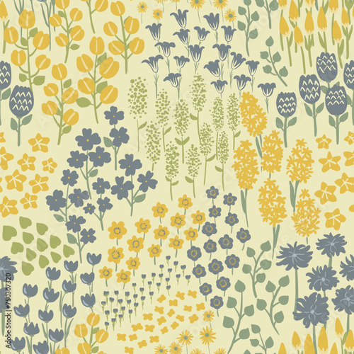 Hand draw flowers in the forest on yellow background art stye seamless pattern