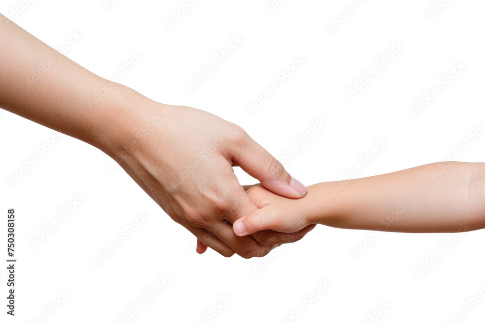 a mother hand holding his son hand isolated on white background