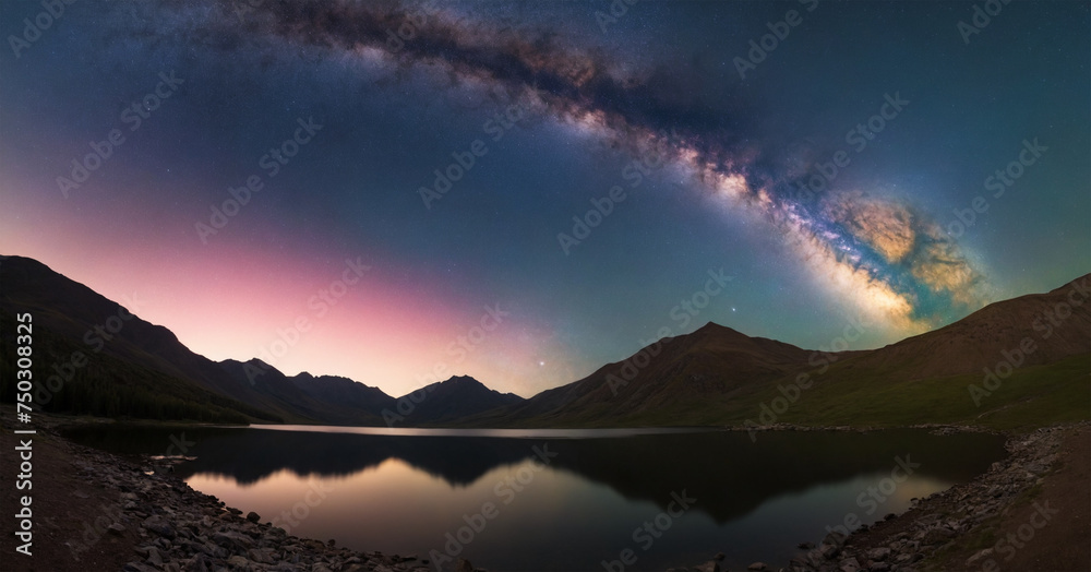 Altai Nightscape Milky Way Adorns Mountain Range and Serene Lake