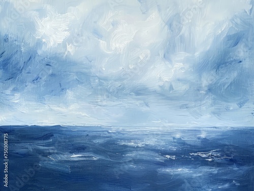 A painting depicting a vast body of water, stretching to the horizon. Waves crashing against the shore, with seagulls soaring in the sky above.