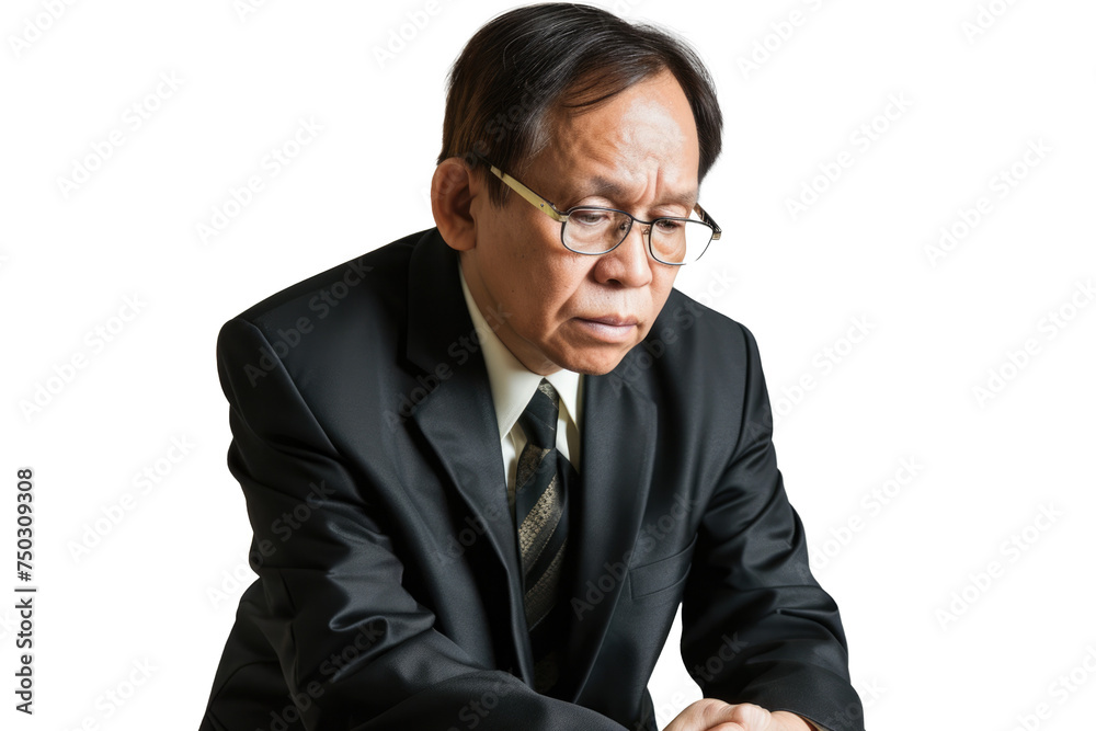 A somber Southeast Asian man, donned in professional attire, with a melancholic expression A somber Southeast Asian man, donned in professional attire, with a melancholic expression