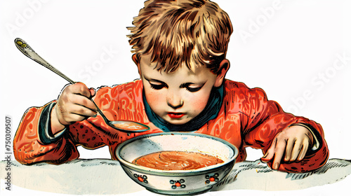 Fototapeta Little boy eating soup in a vintage clip art style