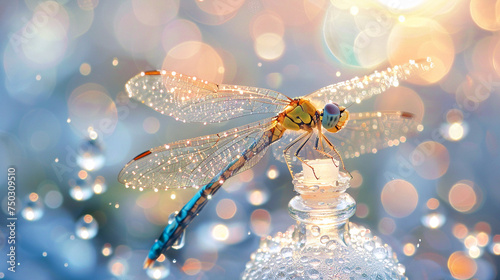 A dragonfly perched on a luminescent white essence bottle its wings reflecting the soft flickr of water bubbles photo