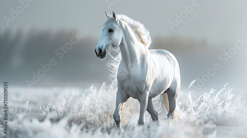 A majestic horse its coat as immaculate as the purity of a floating white essence bottle standing in a tranquil field