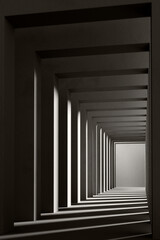 A black and white background with light coming through the building structure. 3d rendering.