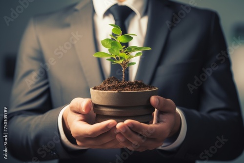 Gently cradling a small green plant in their hands, nurturing new life Gentle hands cradle a young plant, symbolizing care for new life in nature, Growth business 