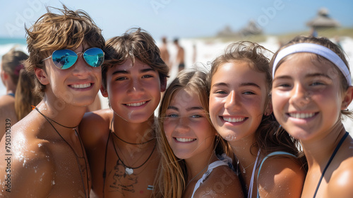 Radiant smiles, casual beach attire, young hearts basking in the warmth of camaraderie.
