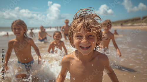 Vibrant summer life, students leaping over waves, the beach their playground of joy.