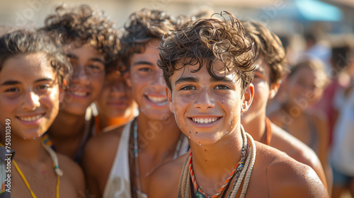 Group of radiant youths, taking a break from the game, summer's warmth enveloping the campus.