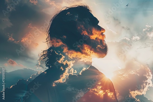 Silhouette of Jesus Christ and cloudy sky, double exposure, copy space - generative ai